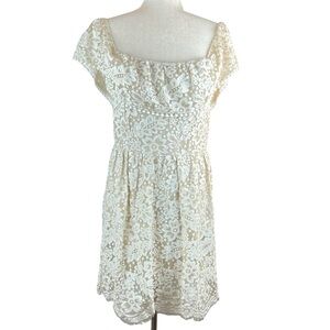 Altar'd State Beige Lace Dress Foldover Bodice with Pom Pom Trim Scalloped Hem M